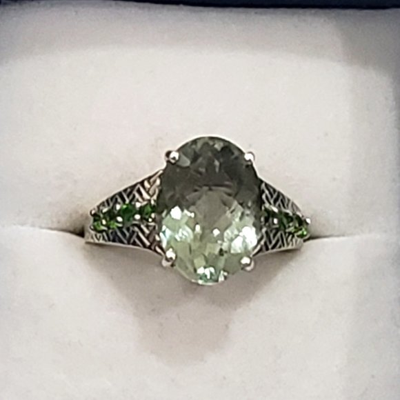 Prasiolite (Green Amethyst) Chrome Diopside ring in Plat/over 925 Sterling sz 8 - Picture 1 of 6